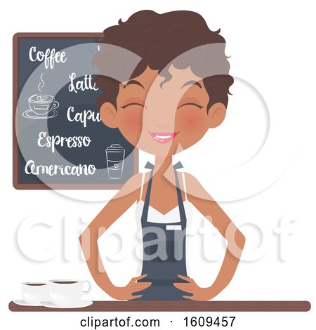 Clipart of a Friendly Black Female Barista Smiling at a Counter - Royalty Free Vector Illustration by Melisende Vector