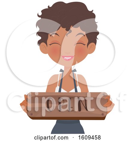 Clipart of a Friendly Black Female Barista Holding an Open Sign - Royalty Free Vector Illustration by Melisende Vector