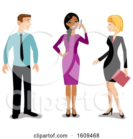 Clipart of a Happy Indian Business Woman Talking on a Phone and Colleagues Smiling at Her - Royalty Free Vector Illustration by peachidesigns