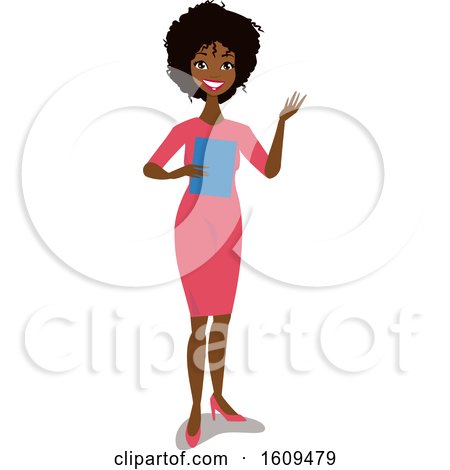 Clipart of a Happy Black Business Woman Presenting - Royalty Free Vector Illustration by peachidesigns
