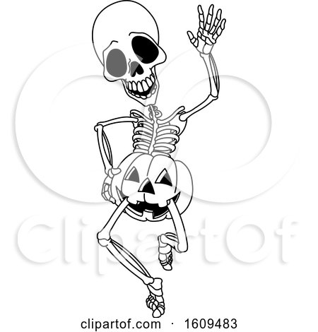 Clipart of a Black and White Halloween Skeleton Wearing a Jackolantern Pumpkin - Royalty Free Vector Illustration by yayayoyo
