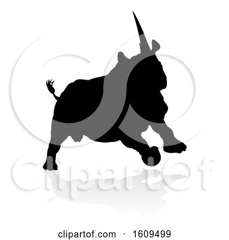 Clipart of a Silhouetted Rhino, with a Reflection or Shadow, on a White Background - Royalty Free Vector Illustration by AtStockIllustration