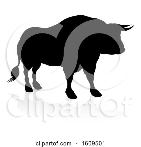 Clipart of a Silhouetted Bull, with a Reflection or Shadow, on a White Background - Royalty Free Vector Illustration by AtStockIllustration