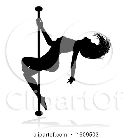 Clipart of a Silhouetted Sexy Pole Dancer Woman, with a Shadow, on a White Background - Royalty Free Vector Illustration by AtStockIllustration