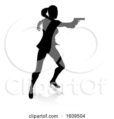 Clipart of a Silhouetted Femme Fatale Shooting, with a Reflection or Shadow, on a White Background - Royalty Free Vector Illustration by AtStockIllustration