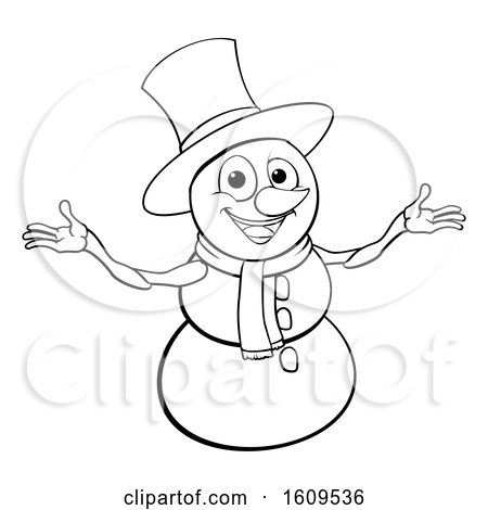 Clipart of a Lineart Christmas Snowman Wearing a Scarf and a Top Hat - Royalty Free Vector Illustration by AtStockIllustration