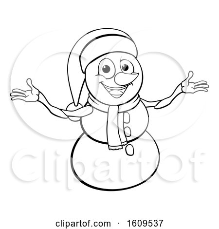Clipart of a Lineart Christmas Snowman Wearing a Scarf and a Santa Hat - Royalty Free Vector Illustration by AtStockIllustration