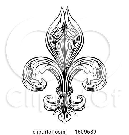 Clipart of a Black and White Vintage Engraved or Woodblock Fleur De Lis - Royalty Free Vector Illustration by AtStockIllustration
