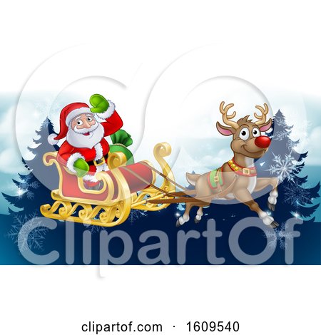 Santa Sleigh Reindeer Christmas Cartoon Background by AtStockIllustration