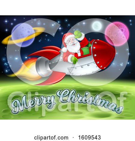 Clipart of a Merry Christmas Under a Reindeer Flying with Santa in a Rocket over in Outer Space - Royalty Free Vector Illustration by AtStockIllustration