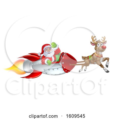 Clipart of a Reindeer Flying with Santa in a Rocket - Royalty Free Vector Illustration by AtStockIllustration