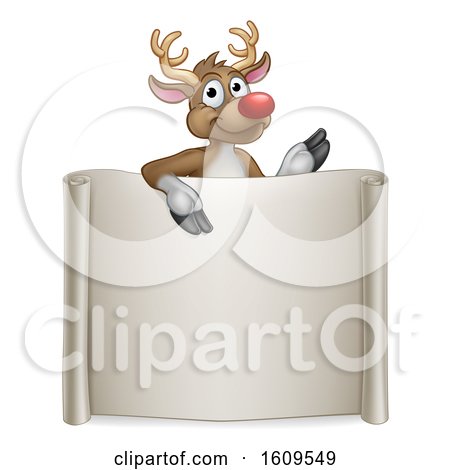 Clipart of a Red Nosed Christmas Reindeer over a Blank Scroll Sign - Royalty Free Vector Illustration by AtStockIllustration