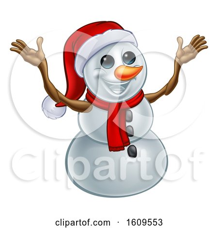 Clipart of a Welcoming Christmas Snowman Wearing a Scarf and a Santa Hat - Royalty Free Vector Illustration by AtStockIllustration