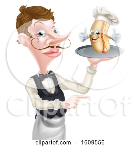 Clipart of a White Male Waiter Holding a Hot Dog Chef on a Platter and Pointing - Royalty Free Vector Illustration by AtStockIllustration
