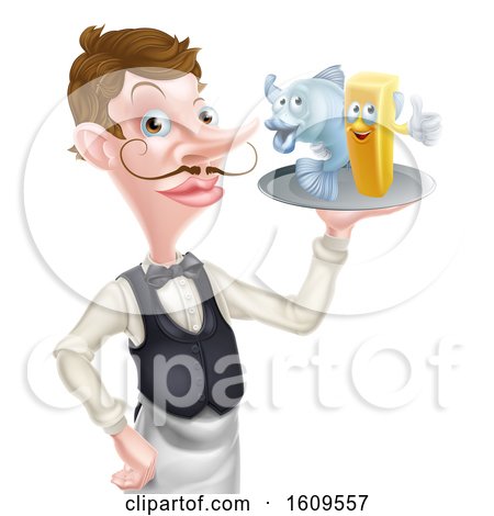Clipart of a White Male Waiter Pointing and Holding Fish and a Chips on a Tray - Royalty Free Vector Illustration by AtStockIllustration