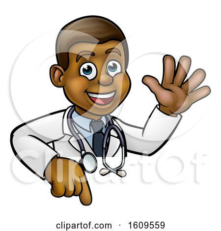 Clipart of a Cartoon Friendly Black Male Doctor Waving over a Sign - Royalty Free Vector Illustration by AtStockIllustration