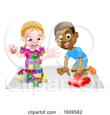 Clipart of a White Girl and Black Boy Playing with Blocks and a Toy Car - Royalty Free Vector Illustration by AtStockIllustration