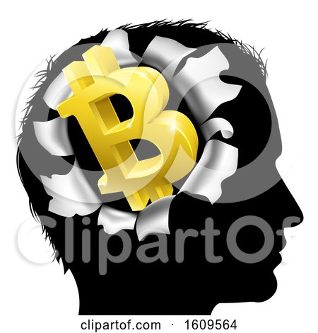 Clipart of a Black Silhouetted Man's Head with a 3d Gold Bitcoin Symbol Breaking Out, Thinking About Money - Royalty Free Vector Illustration by AtStockIllustration
