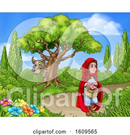 Clipart of a Wolf Hiding Behind a Tree and Stalking Little Red Riding Hood - Royalty Free Vector Illustration by AtStockIllustration