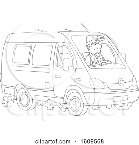 Clipart of a Lineart Man Driving a Van - Royalty Free Vector Illustration by Alex Bannykh