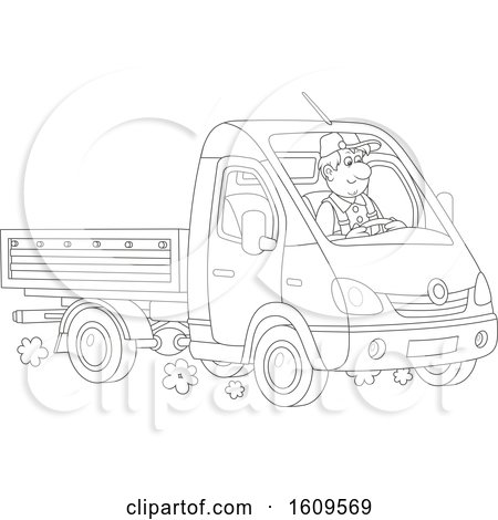 Clipart of a Lineart Man Driving a Truck - Royalty Free Vector Illustration by Alex Bannykh
