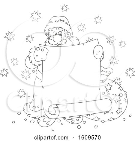 Christmas Clipart of a Black and White Santa Claus Holding a Blank Scroll Banner - Royalty Free Vector Illustration by Alex Bannykh