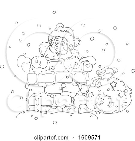 Christmas Clipart of a Black and White Santa Claus Climbing down a Chimney in the Snow - Royalty Free Vector Illustration by Alex Bannykh
