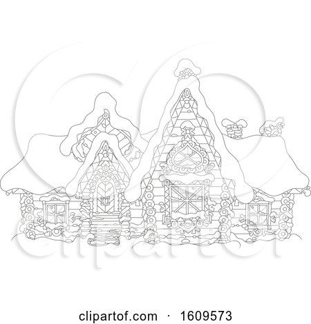 Clipart of a Lineart Fairy Tale Log House with Winter Snow - Royalty Free Vector Illustration by Alex Bannykh
