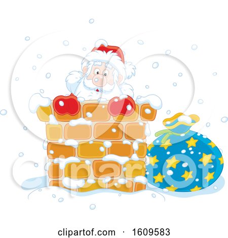 Christmas Clipart of Santa Climbing down a Chimney in the Snow - Royalty Free Vector Illustration by Alex Bannykh
