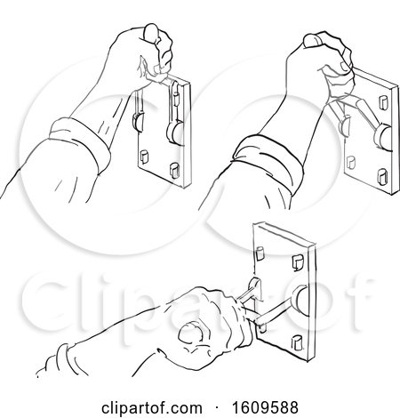 Clipart of a Sketched Progression Sequence of a Hand Pulling down a Vintage Frankenstein Light or Throw Switch - Royalty Free Vector Illustration by patrimonio