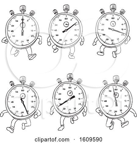 Clipart of a Sketched Sequence or Cycle of a Stopwatch Cartoon Character Running - Royalty Free Vector Illustration by patrimonio