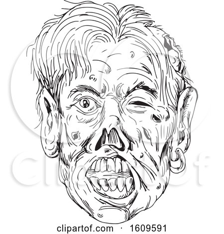 Clipart of a Black and White Sketched Zombie Head - Royalty Free Vector Illustration by patrimonio