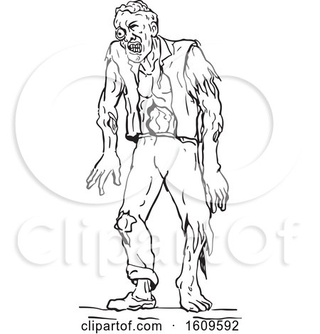 Clipart of a Sketched Black and White Walking Zombie - Royalty Free Vector Illustration by patrimonio