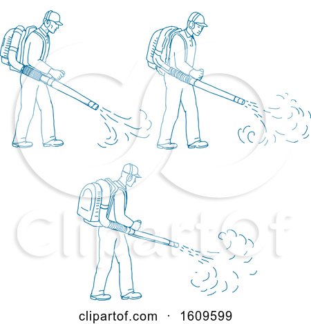 Clipart of a Sketched Sequence of a Gardener Using a Blower - Royalty Free Vector Illustration by patrimonio