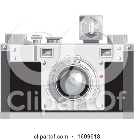Clipart of a Vintage 35mm Film Camera with a Cube Flash - Royalty Free Vector Illustration by patrimonio