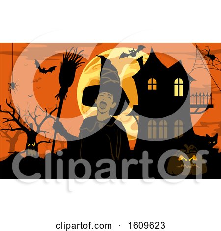 Clipart of a Halloween Witch and Haunted House Against a Full Moon - Royalty Free Vector Illustration by dero