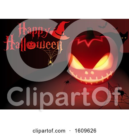 Clipart of a Happy Halloween Greeting with Spiders Bats and a Cat Around a Lit Jackolantern - Royalty Free Vector Illustration by dero