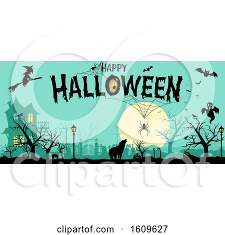 Clipart of a Happy Halloween Greeting with Silhouettes - Royalty Free Vector Illustration by dero