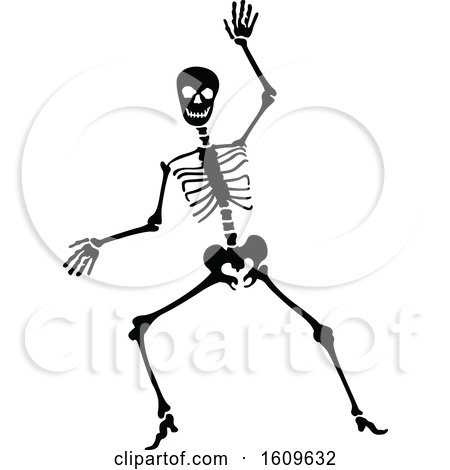 Clipart of a Halloween Skeleton Waving Black and White Silhouette - Royalty Free Vector Illustration by dero