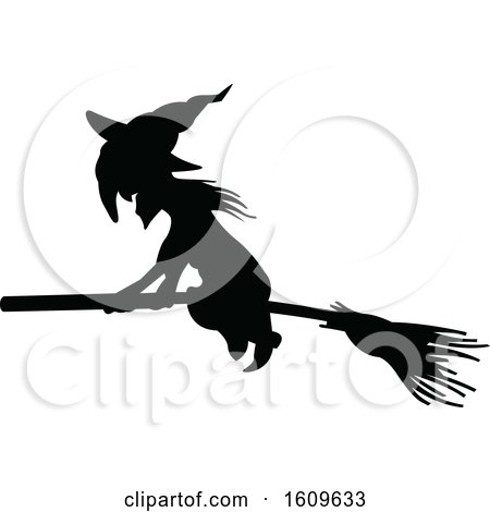 Clipart of a Halloween Flying Witch Black and White Silhouette - Royalty Free Vector Illustration by dero