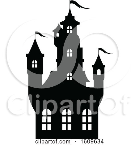 Clipart of a Halloween Haunted Castle Black and White Silhouette - Royalty Free Vector Illustration by dero