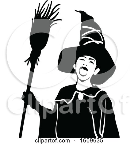 Clipart of a Halloween Witch Black and White Silhouette - Royalty Free Vector Illustration by dero