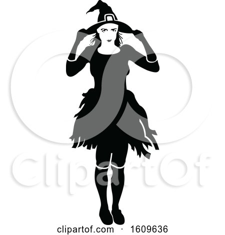 Clipart of a Halloween Witch Black and White Silhouette - Royalty Free Vector Illustration by dero