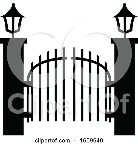 Clipart of a Halloween Cemetery Gates Black and White Silhouette - Royalty Free Vector Illustration by dero