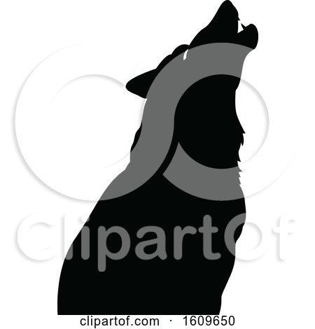 Clipart of a Halloween Howling Wolf Black and White Silhouette - Royalty Free Vector Illustration by dero