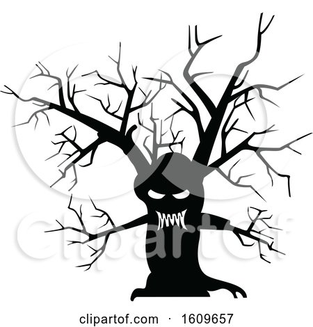 Clipart of a Halloween Ent Tree Black and White Silhouette - Royalty Free Vector Illustration by dero