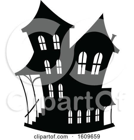 Clipart of a Halloween Haunted House Black and White Silhouette - Royalty Free Vector Illustration by dero
