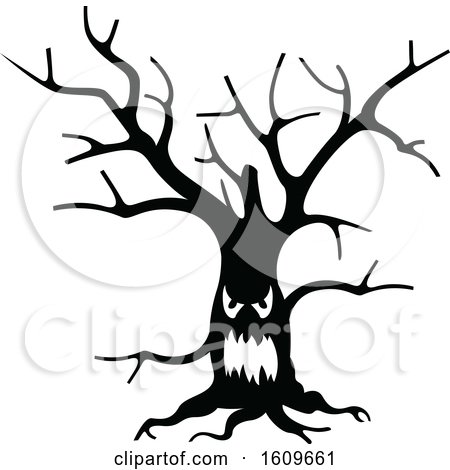 Clipart of a Halloween Ent Tree Black and White Silhouette - Royalty Free Vector Illustration by dero