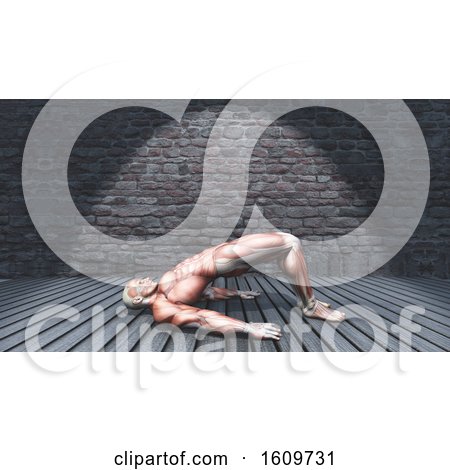 3D Male Figure in Double Leg Bridge Pose in Grunge Interior 2009 by KJ Pargeter