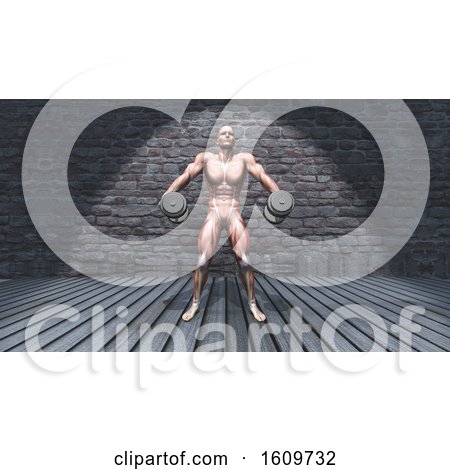 3D Male Figure in Dumbbell Shoulder Shrugs Raised Pose in Grunge Interior by KJ Pargeter